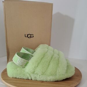 UGG Fluff Yeah Slide Parakeet Green Wool Slingback Slipper Sandal Women's Size 7
